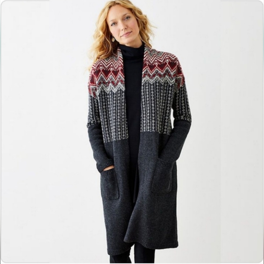 J. Jill Newbury Topper Fair Isle Cozy Holiday Ski Lodge Longline Cardigan Sz S
